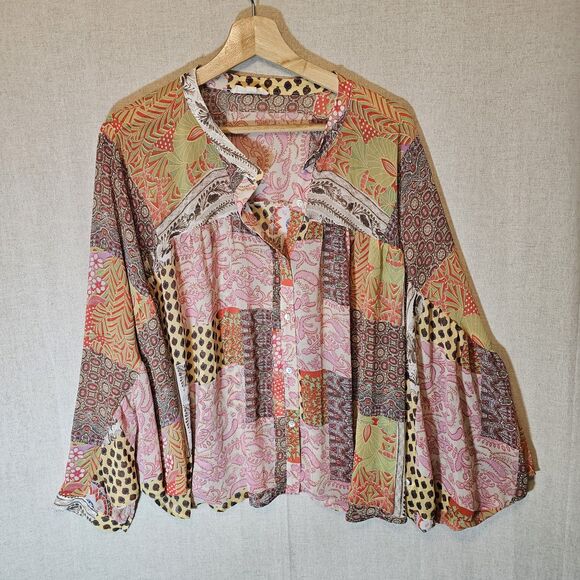 ee: some Womens Medium Sheer Top Mixed Print Pink Green Yellow Batwing - Picture 2 of 9